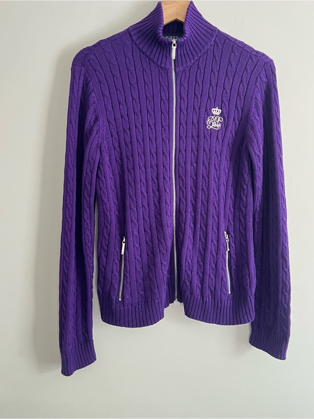 Ralph Lauren Purple Cable Knit Full Zip Sweater Cardigan RLL Embroidery Women's
